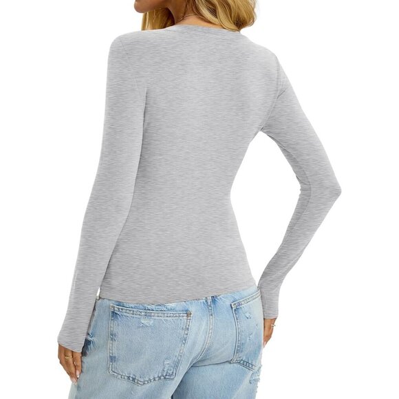 Womens Cotton Long Sleeve V Neck Top Slim Fit Casual Basic T Shirt - Picture 5 of 7